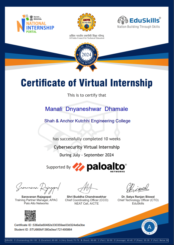 Palo Alto Networks Internship Certificate